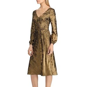Ralph Lauren Deep Gold Shimmer V-Neck Dress w/ Waist Tie, “Marletta”, NWT!!